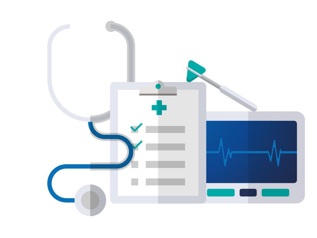 Animated stethoscope, heart monitor icon and other medical equipment to represent a health check.