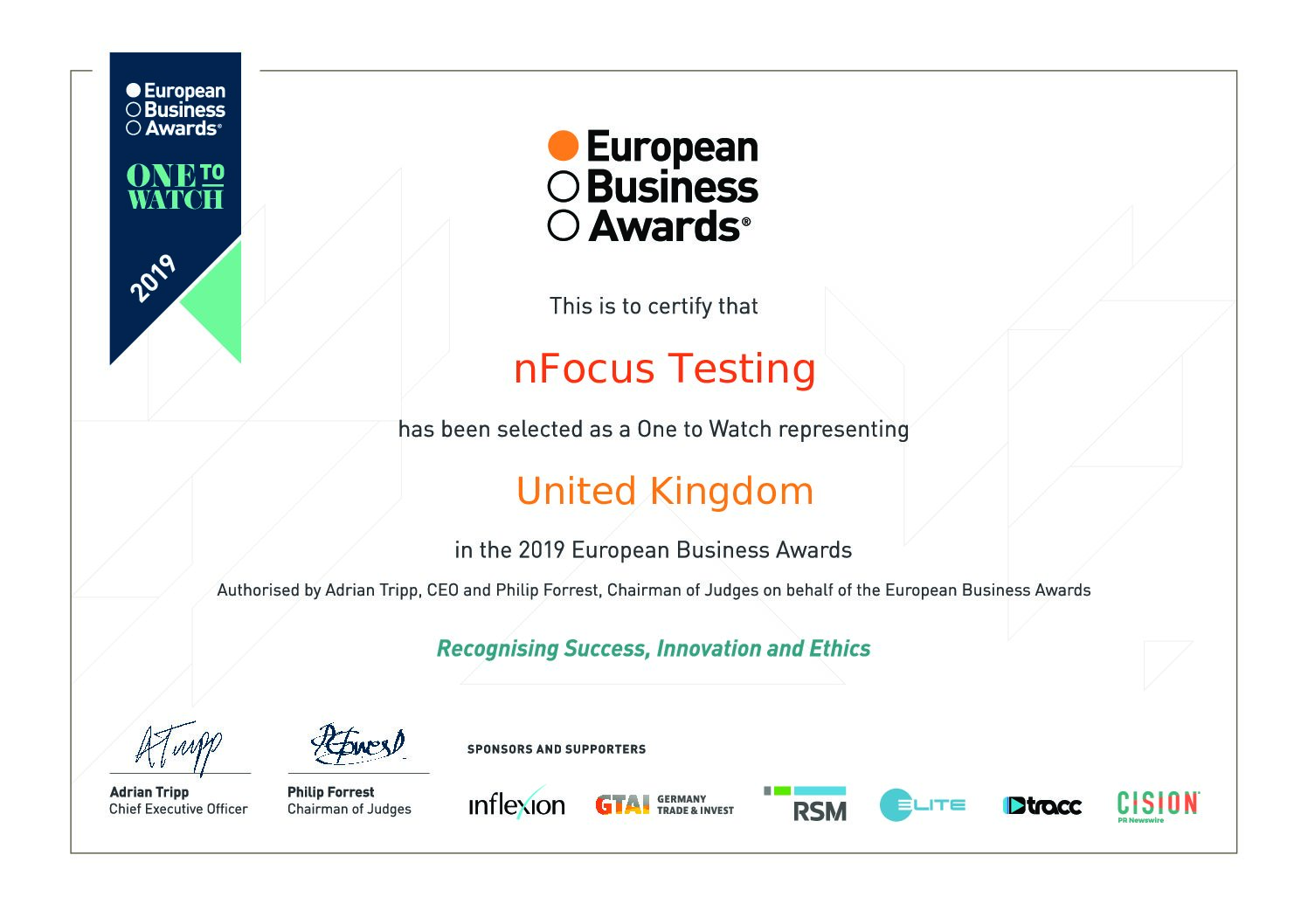 Named ‘One to Watch’ by the European Business Awards!