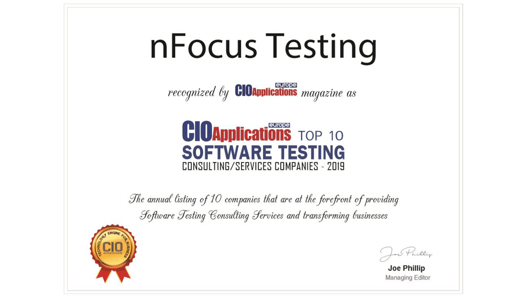 Named in CIO Applications Europe’s Top 10 Software Testing Consulting/Services Companies 2019